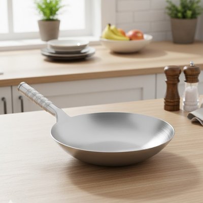 Poele wok en acier inoxydable propre sur table en bois