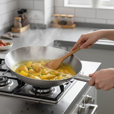 Poele wok  en acier inoxydable sur gaz cuisson daube tenue par une main