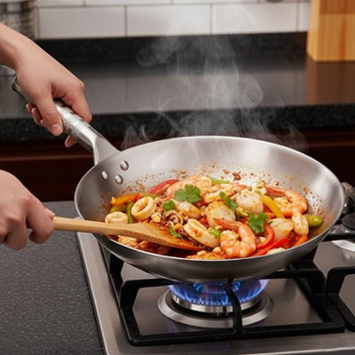 Poele wok en acier inoxydable sur gaz cuisson legumes