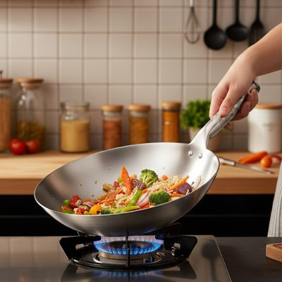 Poele wok en acier inoxydable sur gaz saute de legumes tenue par une main