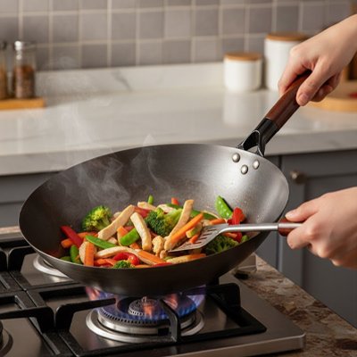 Poele wok femme cuisant les legumes sur plaque gaz