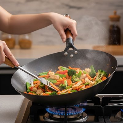 Poele wok femme cuisant les legumes sur plaque gaz