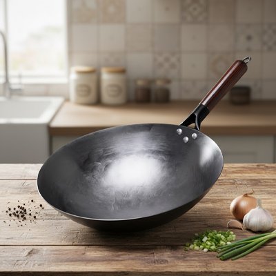 Poele wok vide propre sur plan de travail en bois