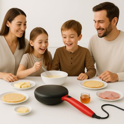 poele_a_crepes_electrique_sur la table et enfants et parents autour riant et mangeant des crepes