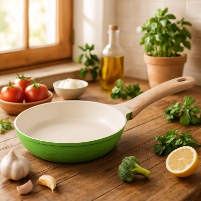 poele_ceramique_antiadhesive seule propre sur plan de travail bois avec legumes et herbes fraiches autour