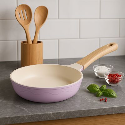 poele_ceramique_antihadhesive_sur plan de travail gris marbre epices et ustensiles bois