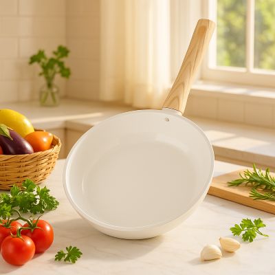 poele_ceramique_induction_saine_et_naturelle sur plan de travail legumes autour