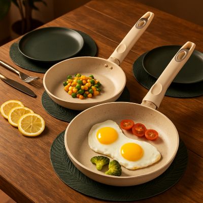 poele_en_ceramique_induction_sur table en bois rustque avec oeuf et legumes dedans 