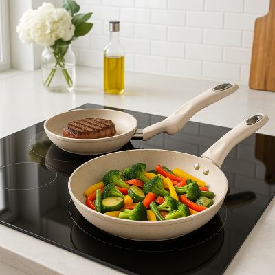 deux poele_en_ceramique_pour_induction sur plaque induction aliments en cuisson