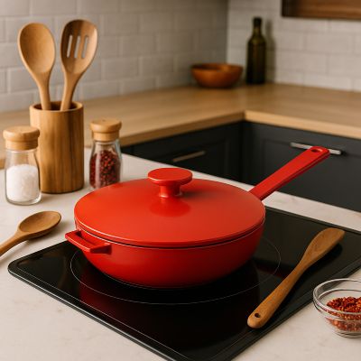 poele en fonte naturelle 6 cm avec couvercle sur plaque a induction noire