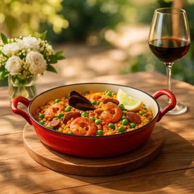 poele_en_fonte_emaille_avec_anses_sur table bois dans jardin avec paella dedans et verre vin