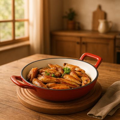 poele_en_fonte_emaille_avec_poulet croustillant dedans sur une table bois dans cuisine rustique