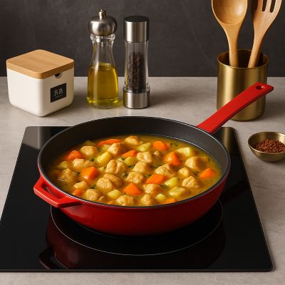 poele_en_fonte_naturelle_26_cm_avec couverclesur_plaque_induction ragout qui cuit