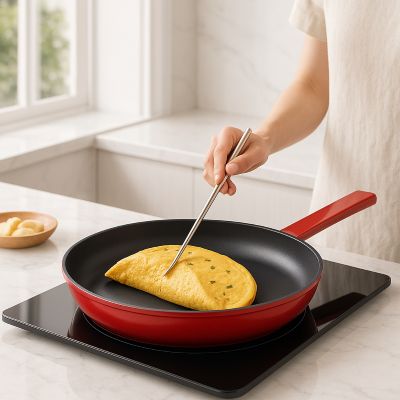 poele_en_fonte_naturelle 26 cm avec couvercle sur plaque induction cuisson omellette ne colle pas