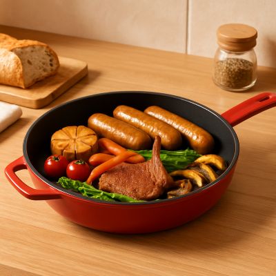 poele_en_fonte_naturelle_26 cm avec couvercle plus saucisses et legumes cuits sur plan de travail