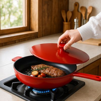 poele_en_fonte_naturelle_26 cm avec couvercle sur_feu_a_gaz cuisson steak