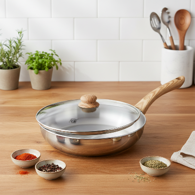 poele en inox induction avec couvercle en verre trempe sur plan de travail bois