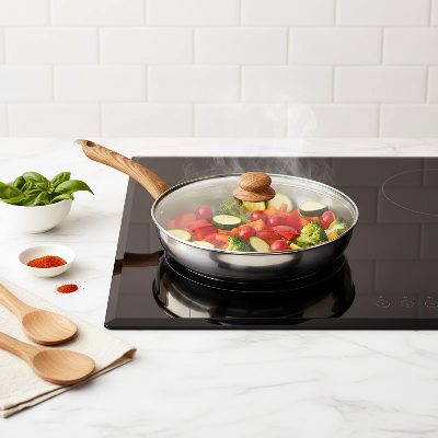 poele en inox induction sur plaque cuisson legume avec couvercle en verre
