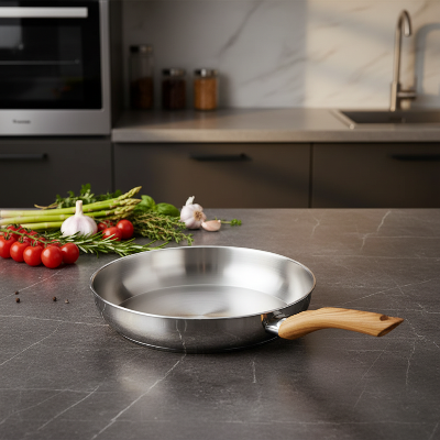 poele en inox induction sur plan de travail en marbre gris fonce