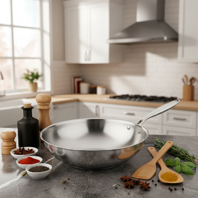 poele et wok sur plan de travail marbre gris fonce et epices 