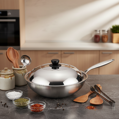 poele et wok avec couvercle en inox sur plan de travail marbre grise