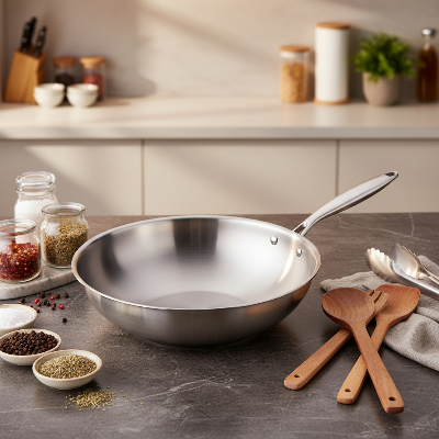 poele et wok sans couvercle sur plan de travail marbre gris fonce