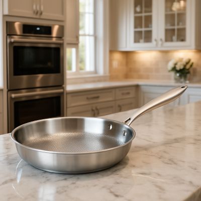 poele iinox 18 10 sur plan de travail en marbre dans cuisine moderne