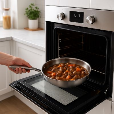 poele inox 18 10 avec ragout de viande dedans qu'une main met dans un four