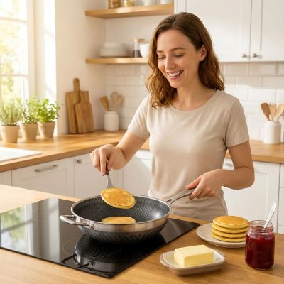 poele_inox_fond nid d abeille cuisson_pancakes sur induction