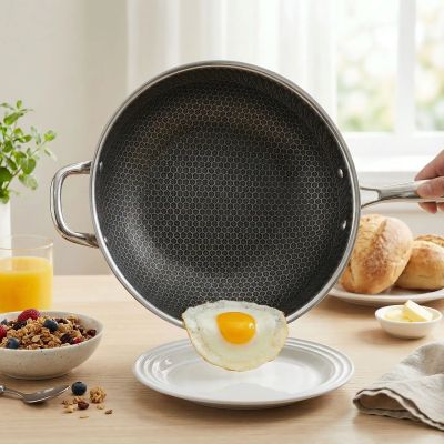 poele_inox_fond_nid_d_abeille_oeuf_au_plat_verse_dans_assiette_sur_table