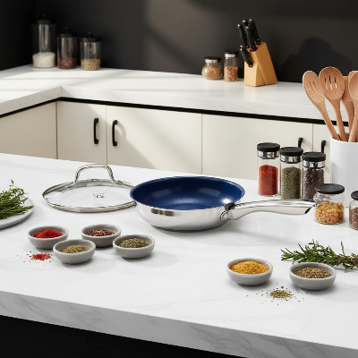 Poêle inox induction couvercle verre trempé décor épices