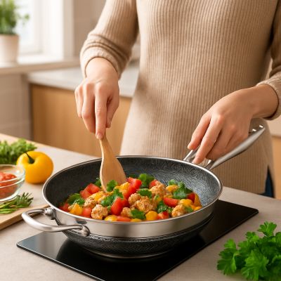 POELE INOX NID D'ABEILLE - cuisson sans revêtemnt, compatible induction