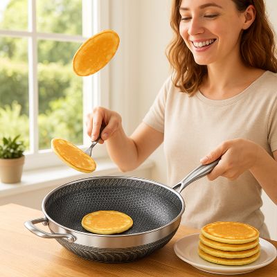 POELE INOX NID D'ABEILLE - cuisson sans revêtemnt, compatible induction