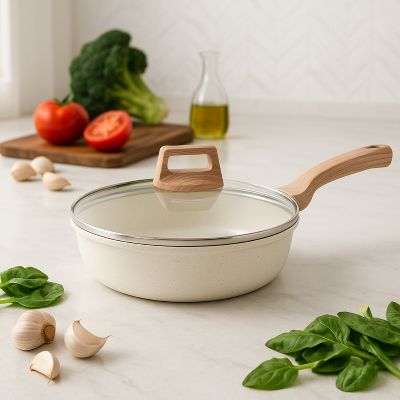 poele_revetement_ceramique_beige_7_cm_profondeur sur plan de travail blanc legumes autour