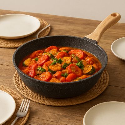 poele_revetement_ceramique noire sur table en bois dressée avec assiette et couverts sur set osier