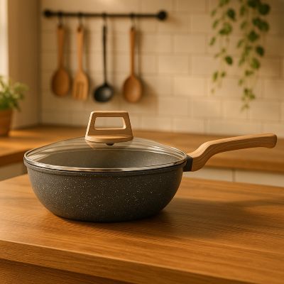 poele_revetement_ceramique noire sur plan de travail bois dans cuisine rustique