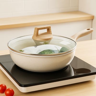 poele_revetement_ceramique_sur plaque_induction_avec couvercle et legumes cuits