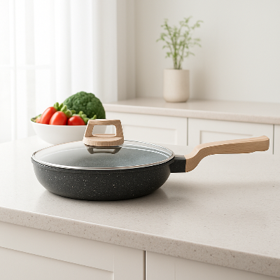 poele_revetement_ceramique_noire_4.5_cm_profondeur sur plan de travail blanc cuisine moderne