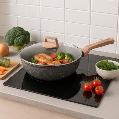 poele_revetement_ceramique_noire_7_cm_profondeur sur plaque induction noire avec legumes