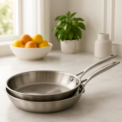 poeles inox 18 10 set de deux sur plan de travail