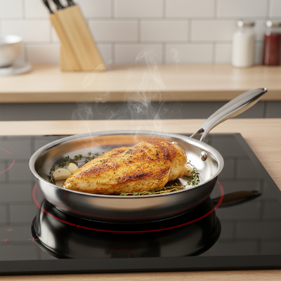 Poulet doré dans la poêle inox pour induction