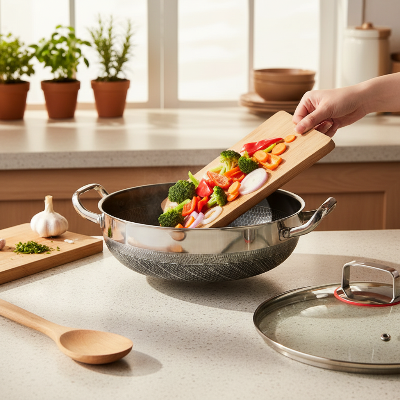 Preparation ingredients dans faitout inox 18 10