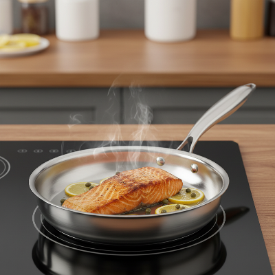 Saumon en cuisson dans la poêle inox pour induction