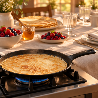 Table de goûter avec crêpière en cuisson sur gaz