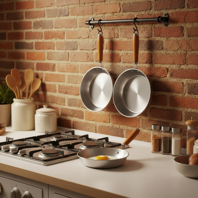 trois poeles en inox vue de face - cuisine ancienne